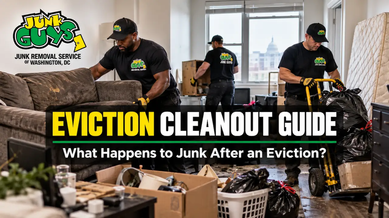 Eviction cleanout Washington DC with Junk Guys DC crew removing furniture, trash bags, and household junk from an apartment.