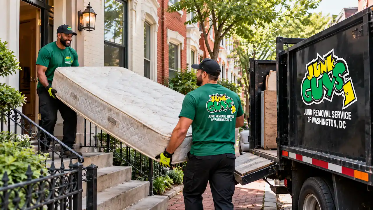 "Junk Guys DC crew removing an old mattress from a Washington, DC rowhouse and loading it into a junk removal truck."