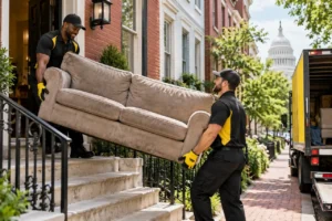 "Professional junk removal crew carrying an old couch down the front steps of a Washington, DC rowhouse for sofa removal and hauling."